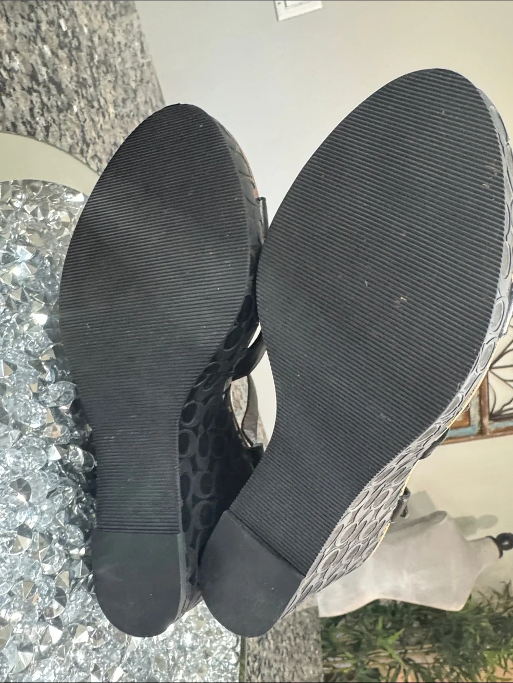 Coach Elize leather Black Logo-Embossed Wedge Sandals with Buckle Detail